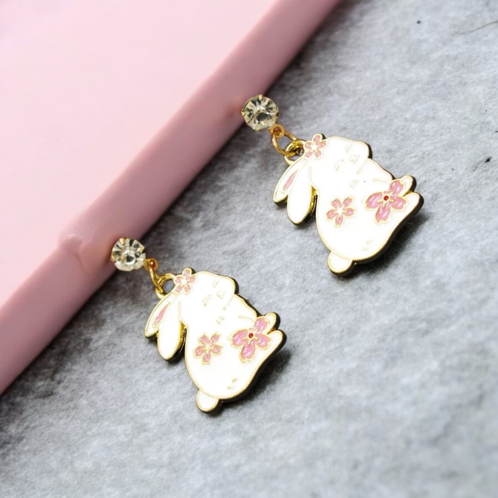 Bunny Rabbit Enamel Pink & White Sakura Crystal Stud Dangle Earrings Easter
